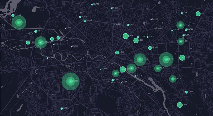 City planning. Urban big data map. Smart city. People activity analysis. Urban clusters hotspots. Megapolis monitoring technology.
