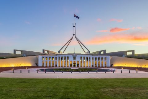 Parliament house Canberra Australia at Sunset